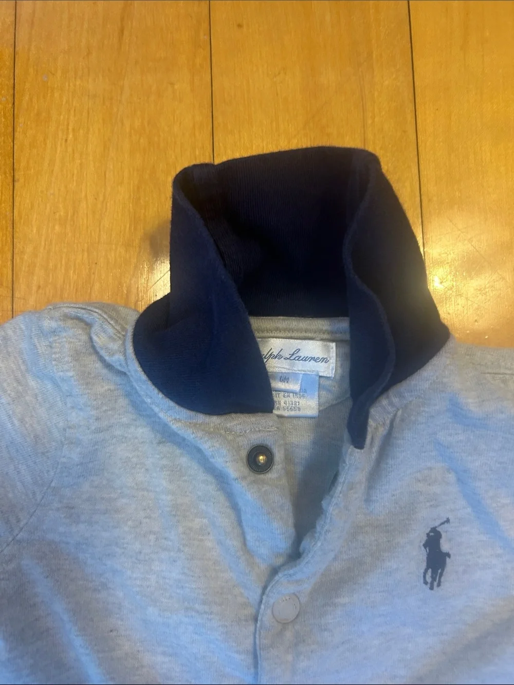 Ralph Lauren Light Gray Footed One-Piece with Navy Trim